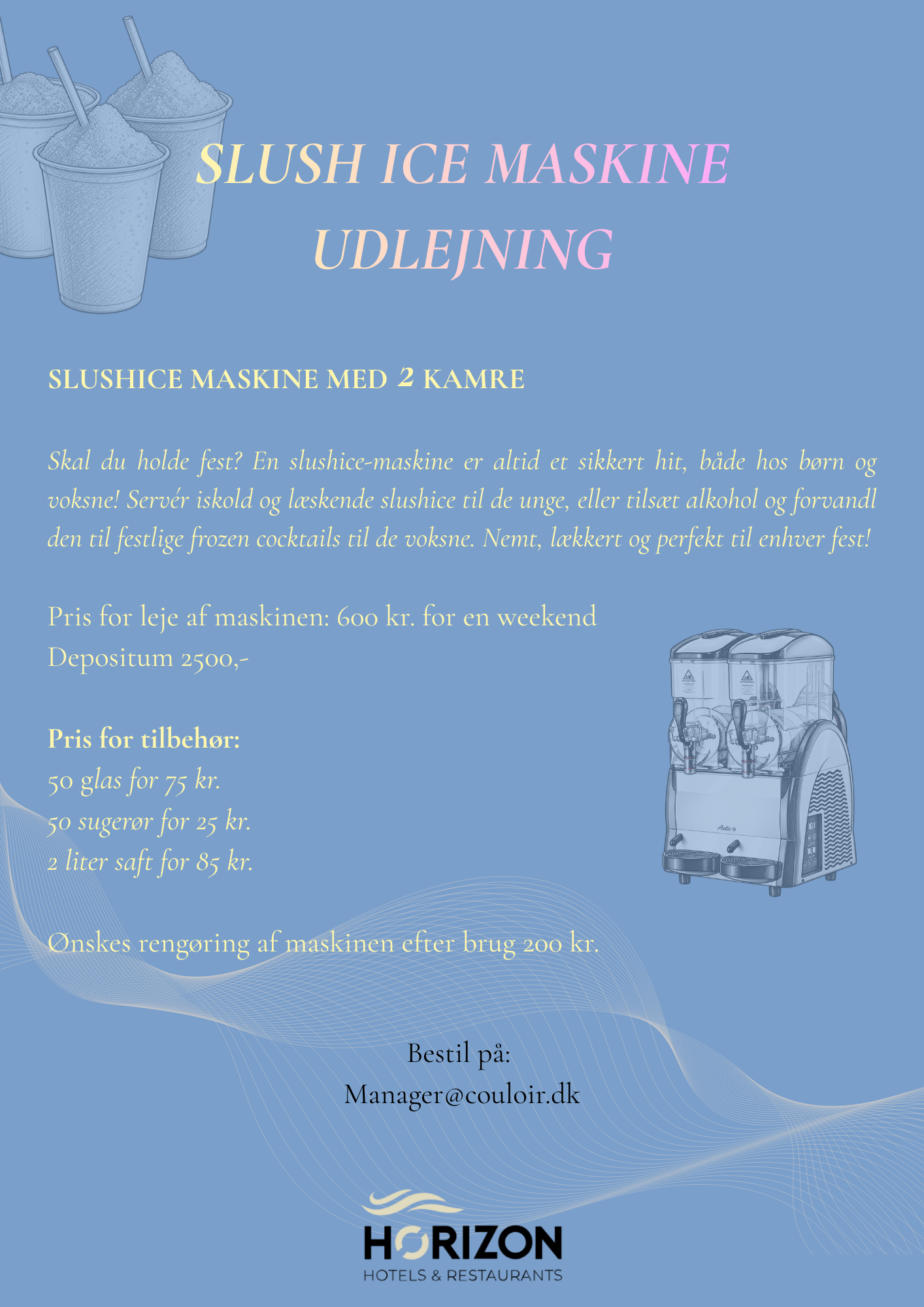 Flyer: Slush ice maskine udlejning hos Bistro Couloir