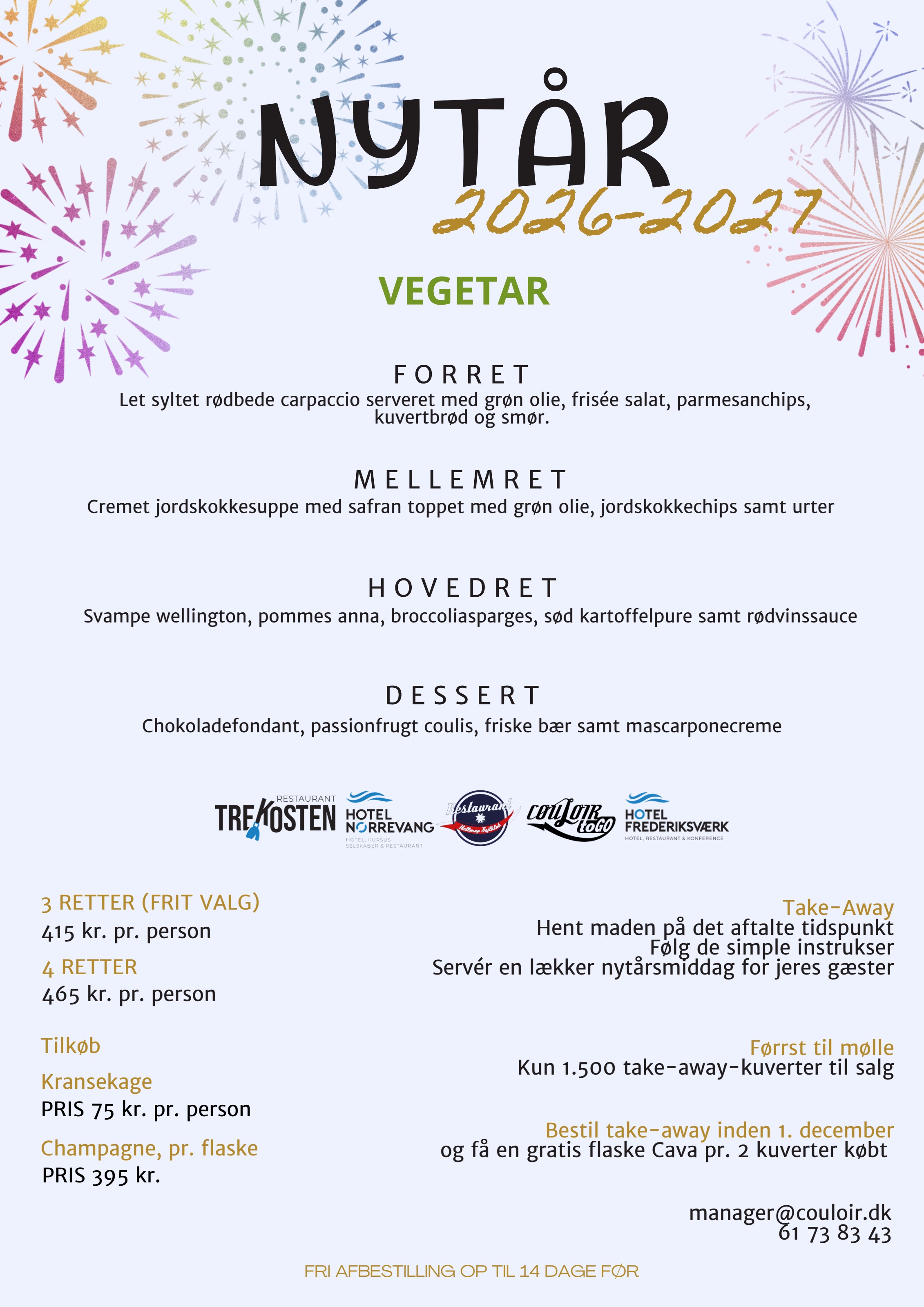 Vegetarisk nytårsmenu 2026-2027 take away flyer fra Bistro Couloir