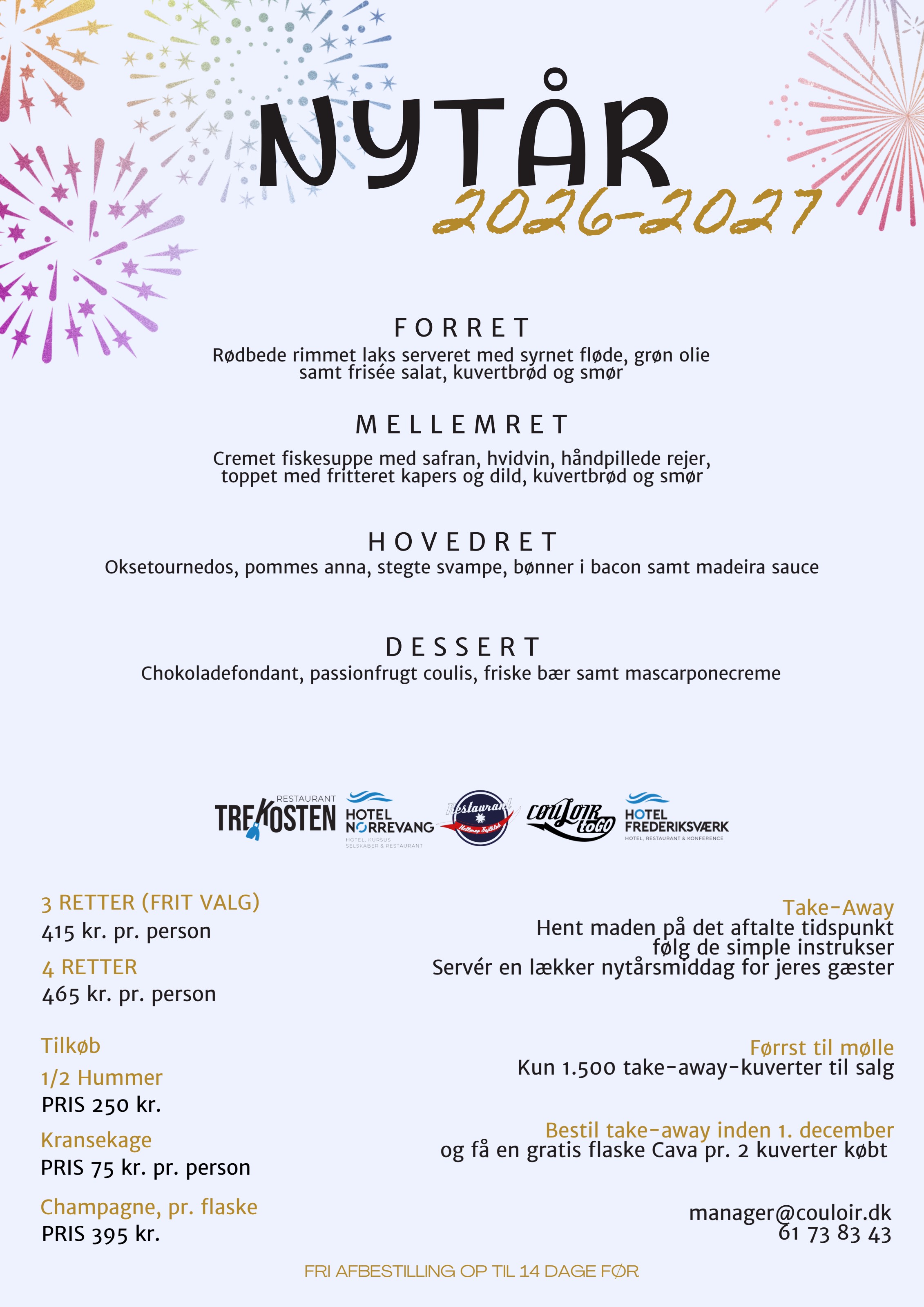 Nytårsmenu 2026-2027 take away flyer fra Bistro Couloir
